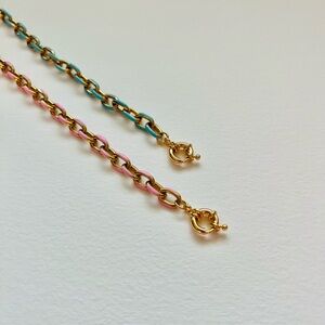 Chunky pink or blue enamel and gold tone stainless steel cable layering necklace